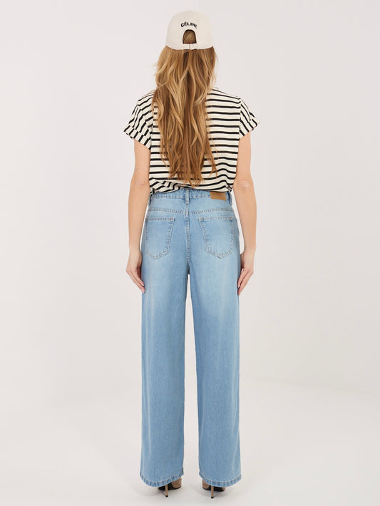 SUBLEVEL Niebieskie jeansy wide leg z wiązaniem