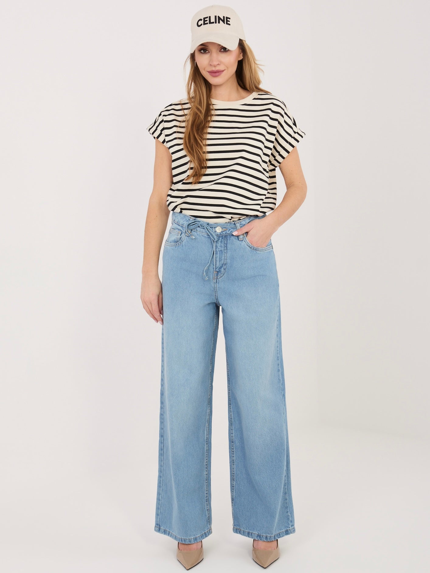SUBLEVEL Niebieskie jeansy wide leg z wiązaniem