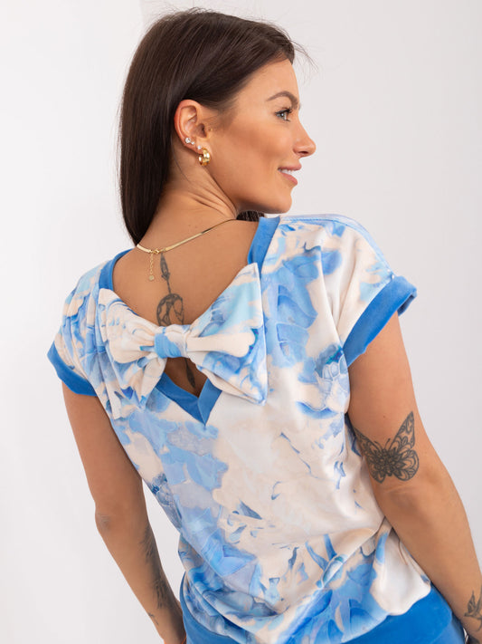 RUE PARIS Niebiesko-beżowy komplet welurowy w kwiaty