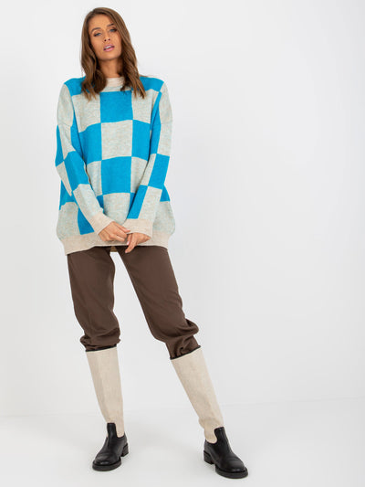 Niebiesko-beżowy damski sweter oversize w kratę