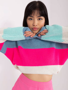 Niebiesko-fluo różowy sweter oversize z wełną
