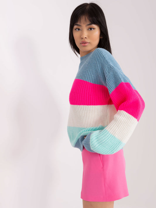 Niebiesko-fluo różowy sweter oversize z wełną