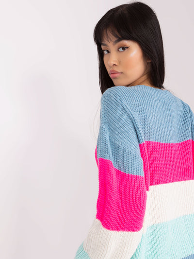 Niebiesko-fluo różowy sweter oversize z wełną
