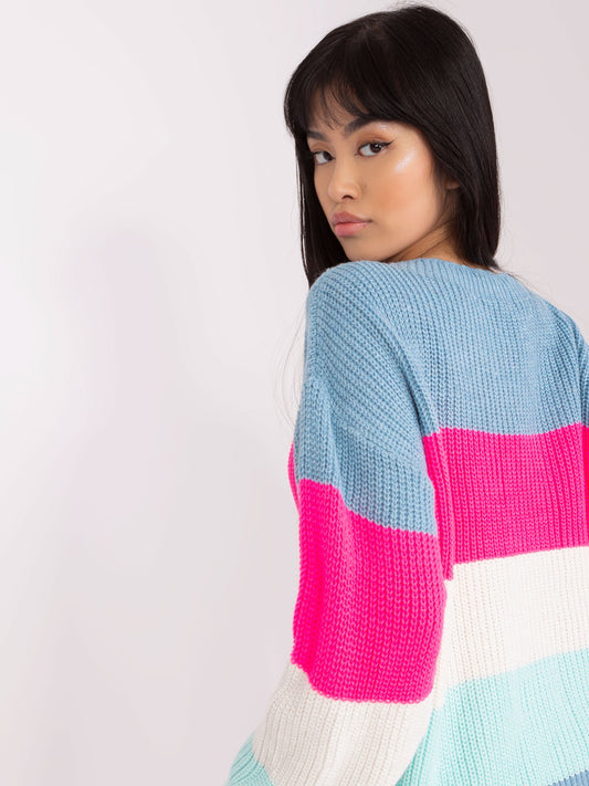 Niebiesko-fluo różowy sweter oversize z wełną