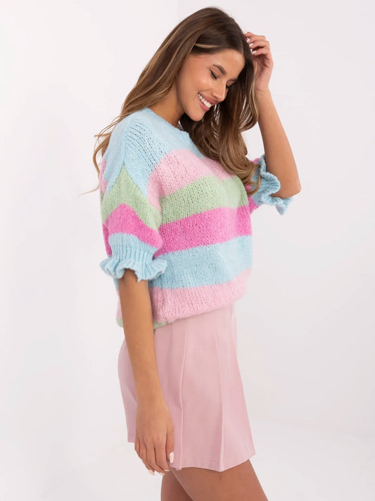 Niebiesko-pistacjowy damski sweter oversize w paski