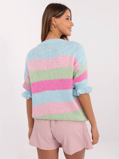 Niebiesko-pistacjowy damski sweter oversize w paski