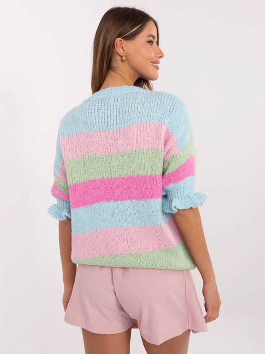 Niebiesko-pistacjowy damski sweter oversize w paski