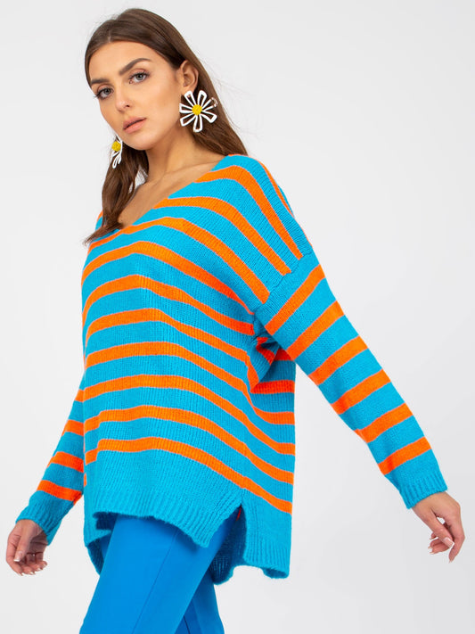 Niebiesko-pomarańczowy sweter oversize z dekoltem V OCH BELLA