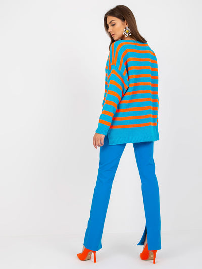 Niebiesko-pomarańczowy sweter oversize z dekoltem V OCH BELLA