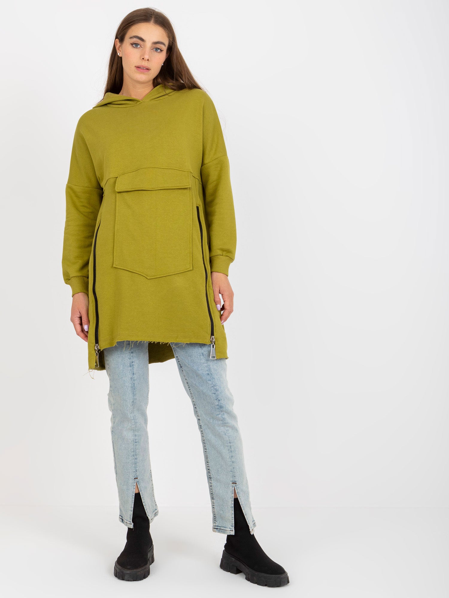 Oliwkowa długa bluza basic z kieszenią