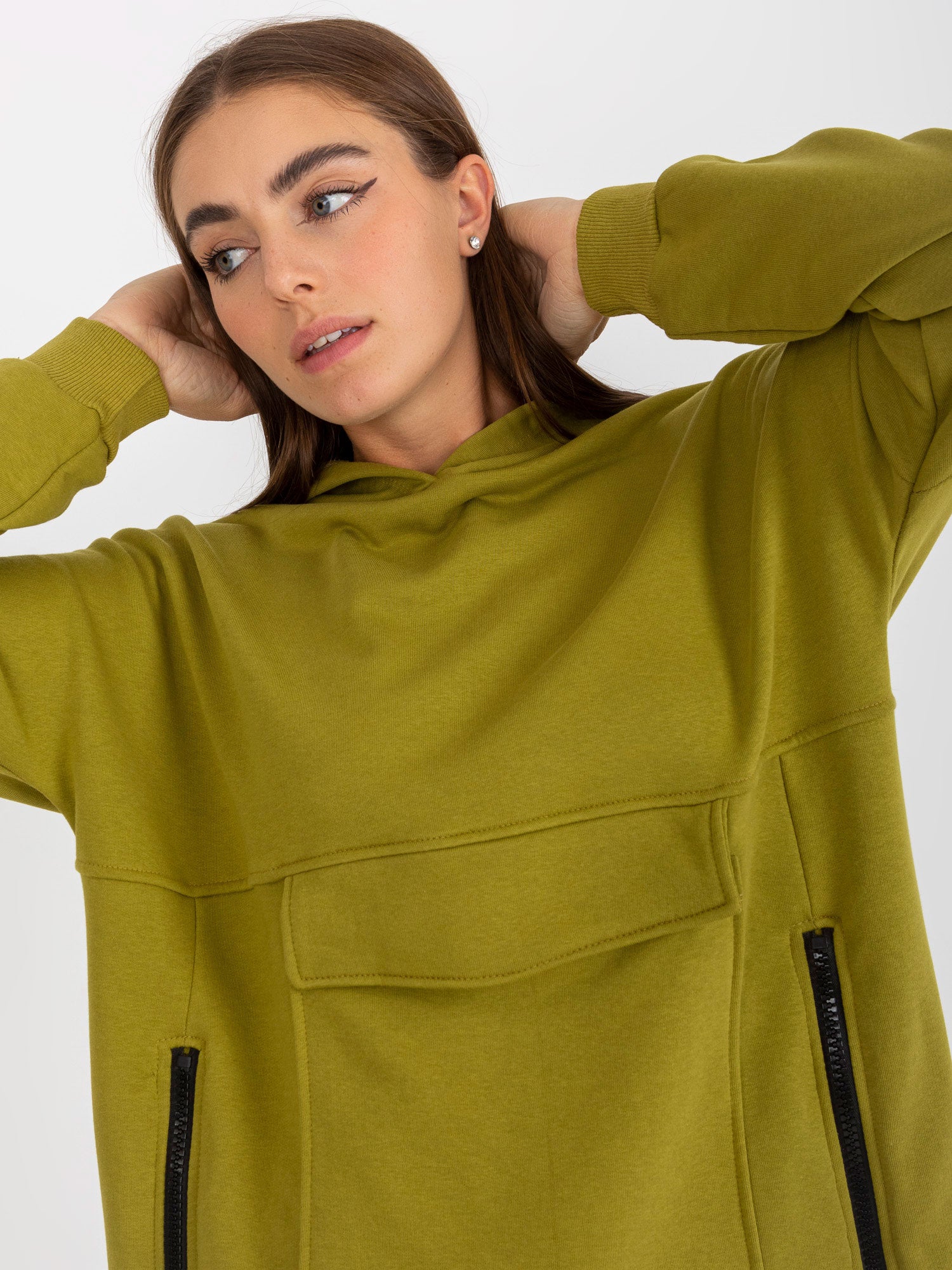 Oliwkowa długa bluza basic z kieszenią