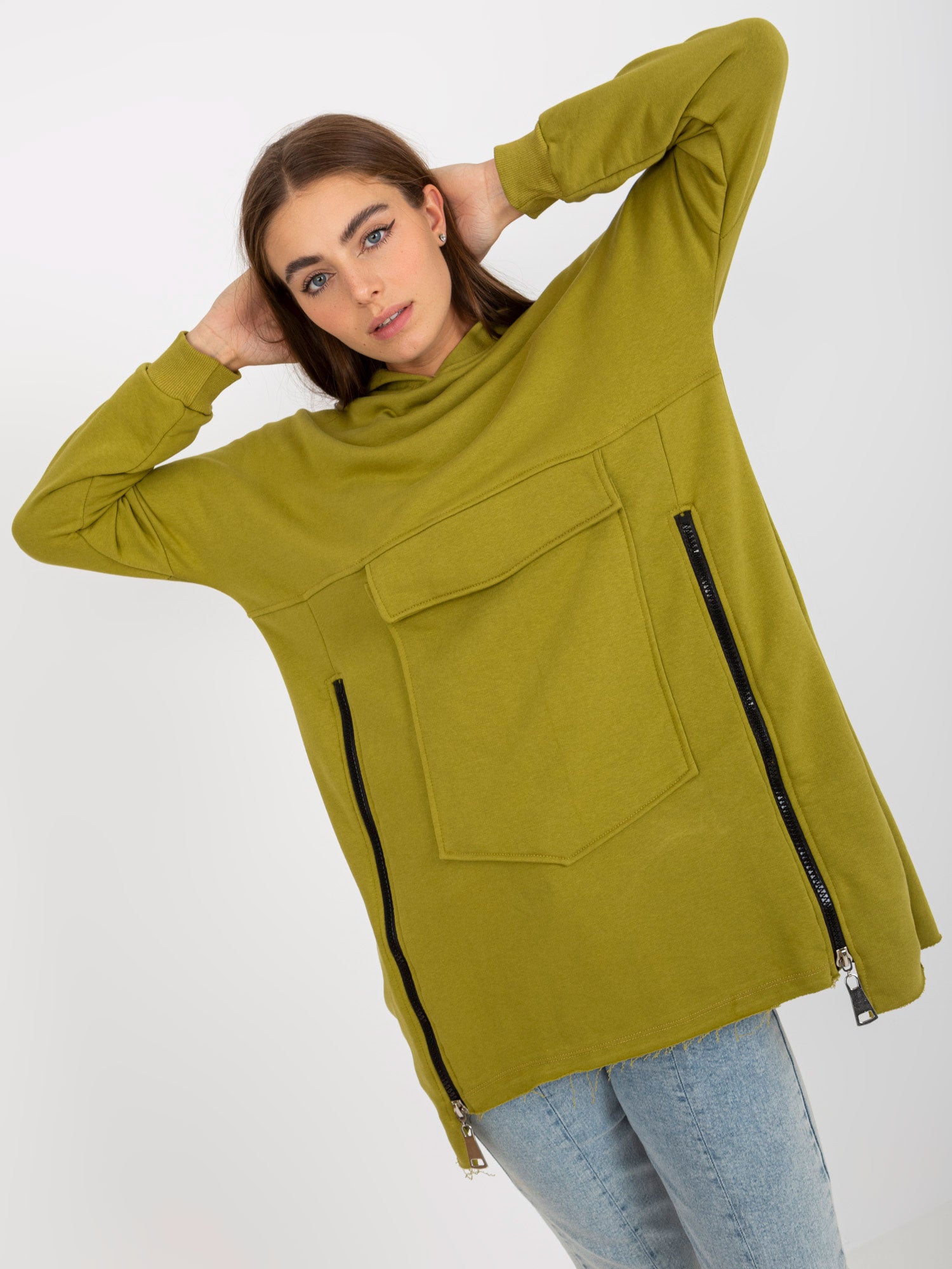Oliwkowa długa bluza basic z kieszenią