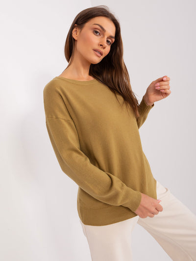Oliwkowy damski sweter klasyczny z bawełną