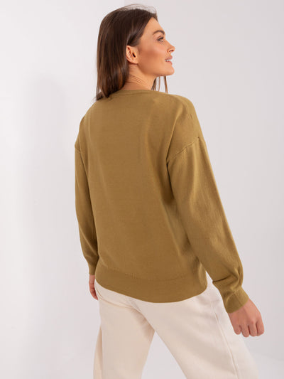 Oliwkowy damski sweter klasyczny z bawełną