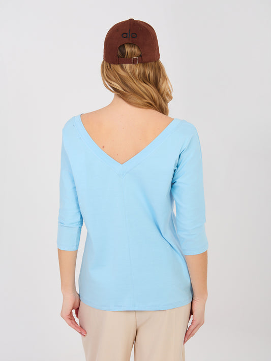RUE PARIS Pastelowa niebieska bluzka basic z bawełny