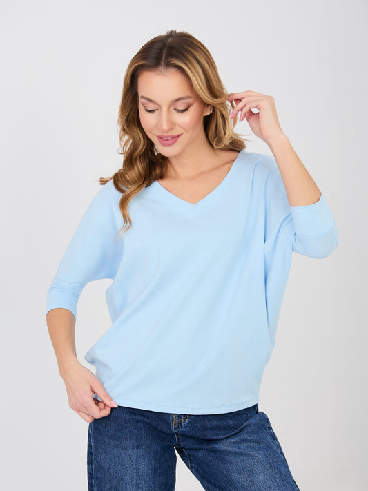 RUE PARIS Pastelowa niebieska bluzka basic z rękawem 3/4