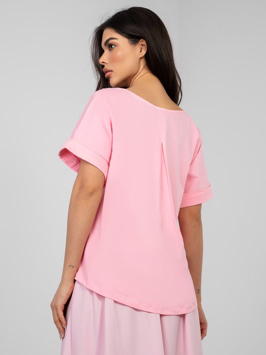 RUE PARIS  Pastelowa różowa bluzka basic o kroju oversize