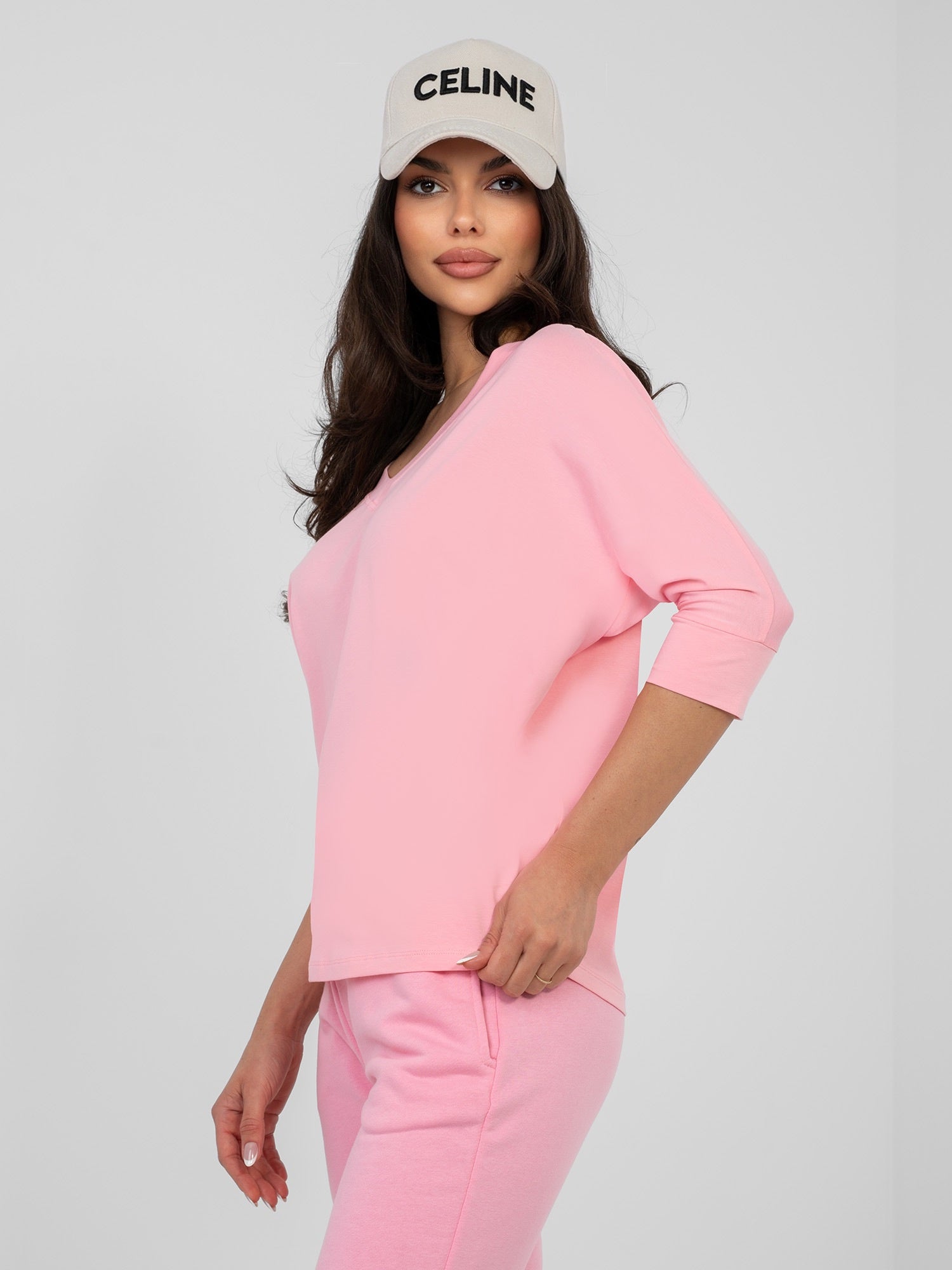 RUE PARIS Pastelowa różowa bluzka basic o kroju oversize