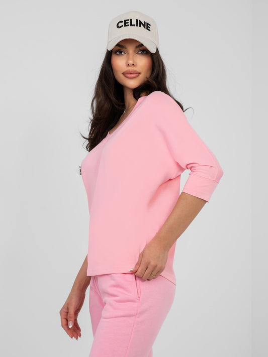 RUE PARIS Pastelowa różowa bluzka basic o kroju oversize