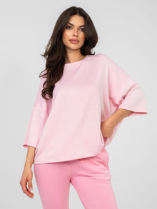 RUE PARIS Pastelowa różowa bluzka basic o kroju oversize