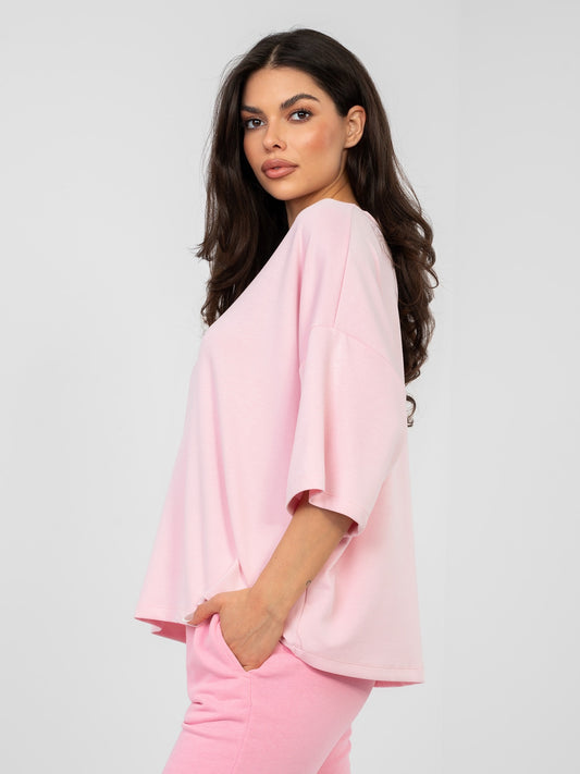RUE PARIS Pastelowa różowa bluzka basic o kroju oversize
