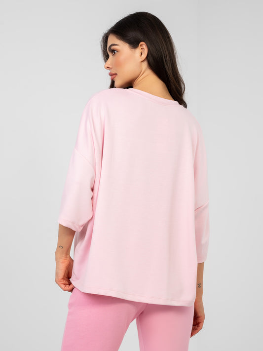 RUE PARIS Pastelowa różowa bluzka basic o kroju oversize