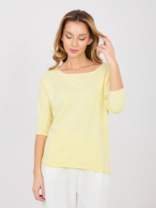 RUE PARIS Pastelowa żółta damska bluzka basic z bawełny