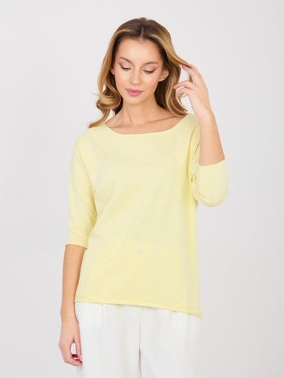RUE PARIS Pastelowa żółta damska bluzka basic z bawełny
