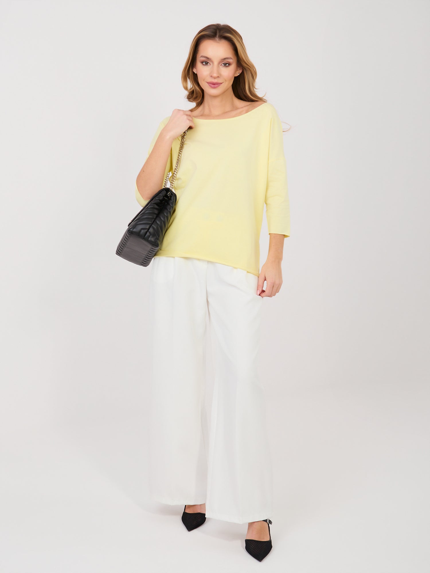 RUE PARIS Pastelowa żółta damska bluzka basic z bawełny