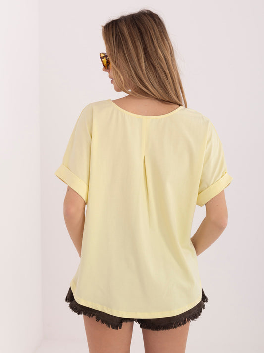 RUE PARIS Pastelowa żółta bawełniana bluzka basic