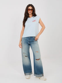 SUBLEVEL Pastelowy niebieski t-shirt  z nadrukiem na plecach