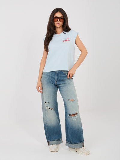 SUBLEVEL Pastelowy niebieski t-shirt  z nadrukiem na plecach