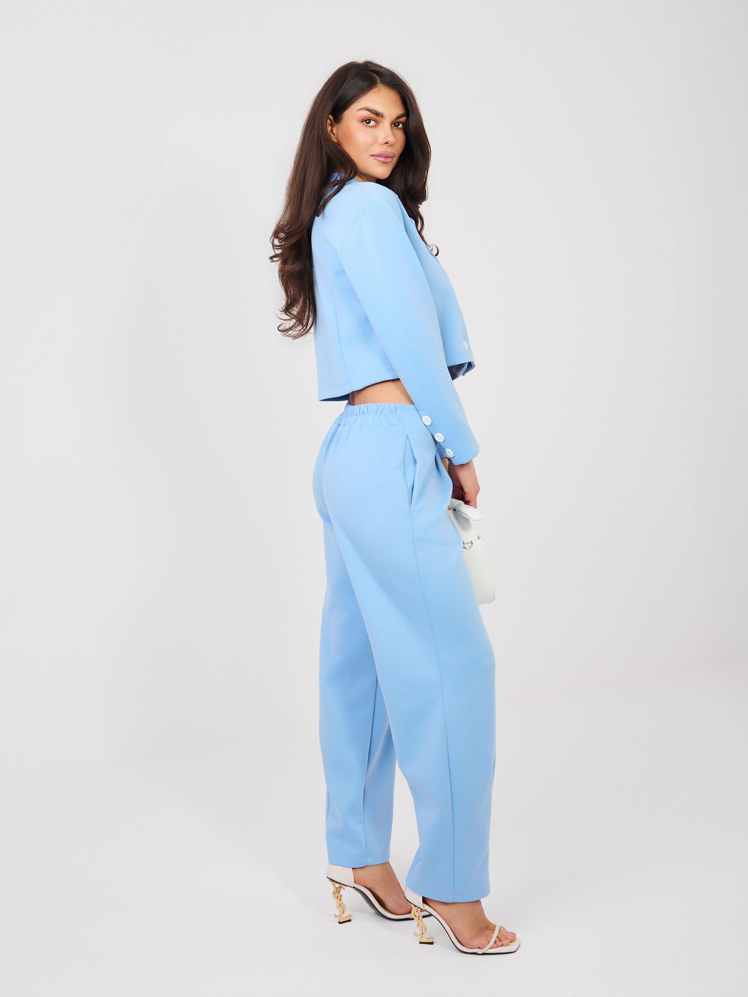 RUE PARIS Pastelowy niebieski dresowy komplet w eleganckim stylu