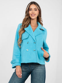 Pastelowy niebieski zamszowy płaszcz z kieszeniami