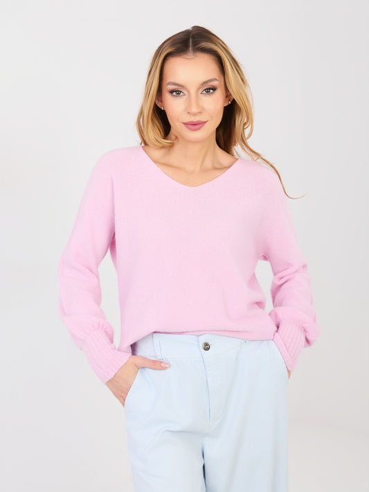 Pastelowy różowy sweter basic z długim rękawem