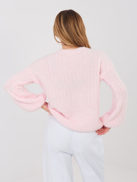 Pastelowy różowy sweter z bufiastymi rękawami