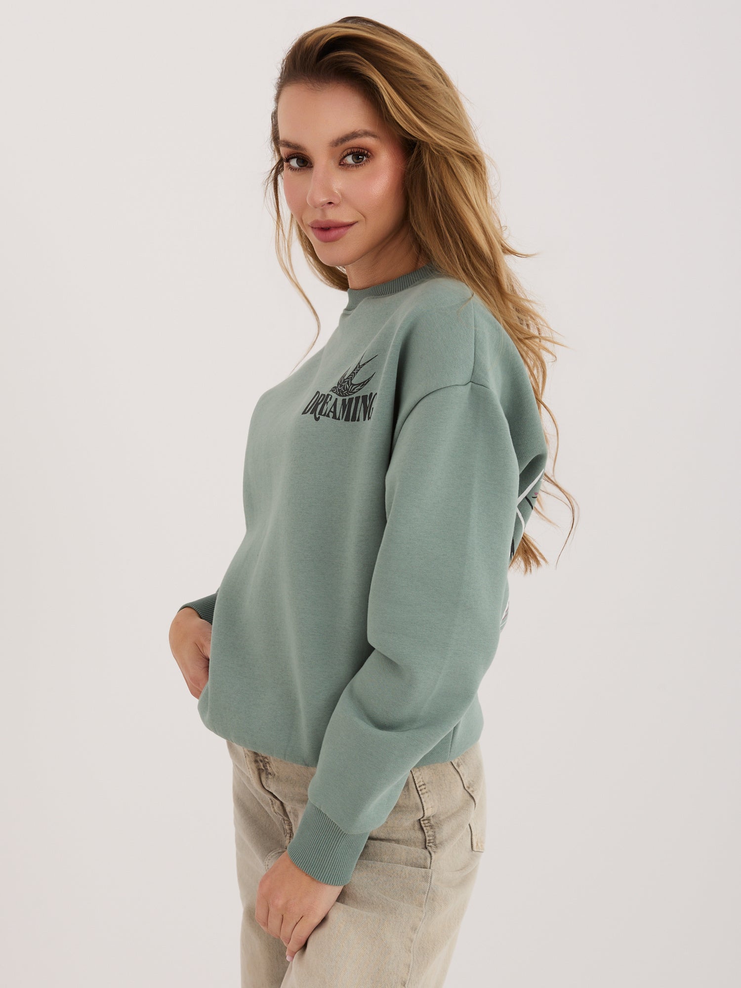 SUBLEVEL Pistacjowa ocieplana bluza bez kaptura