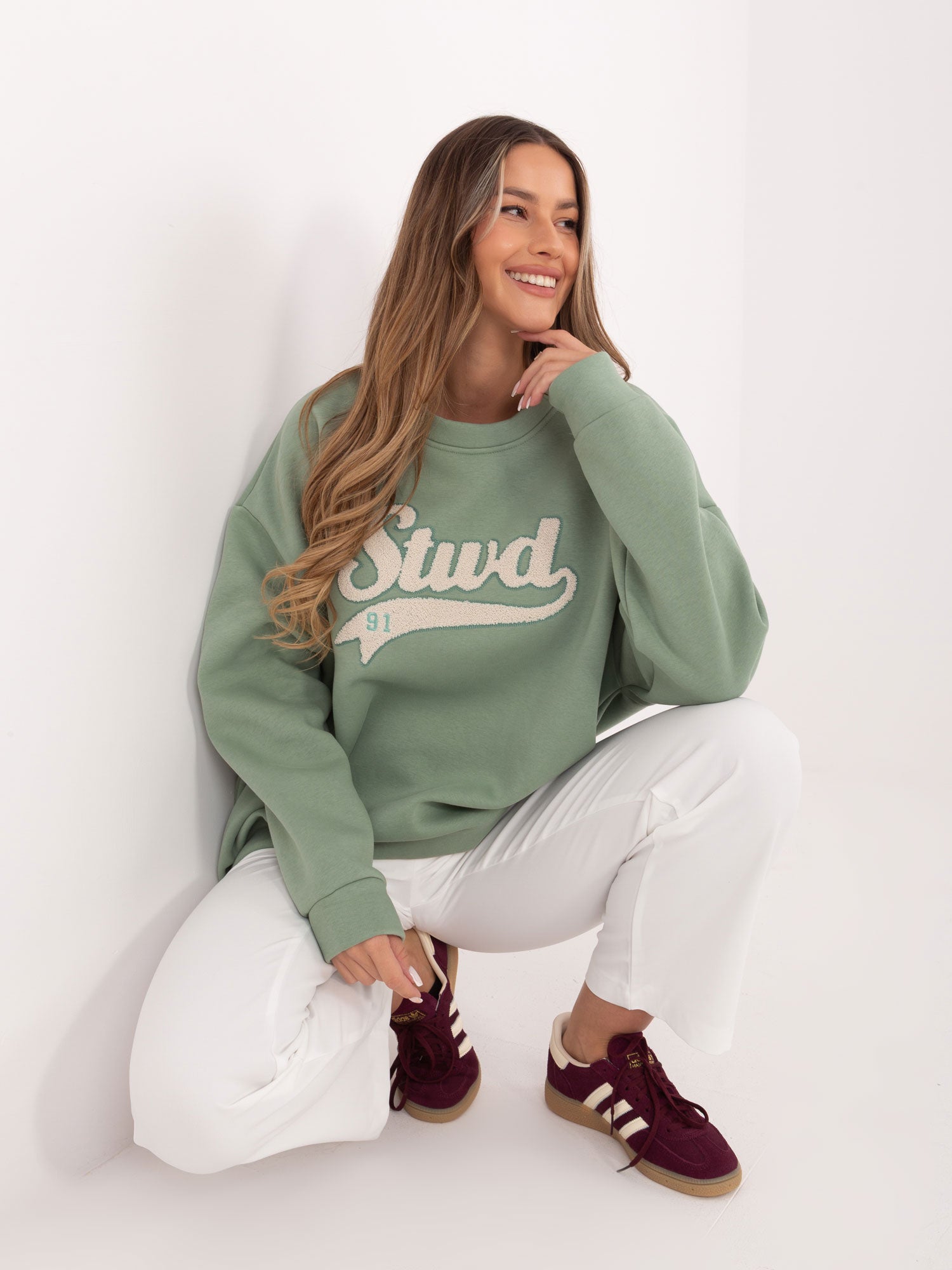 RUE PARIS Pistacjowa damska bluza oversize z ociepleniem