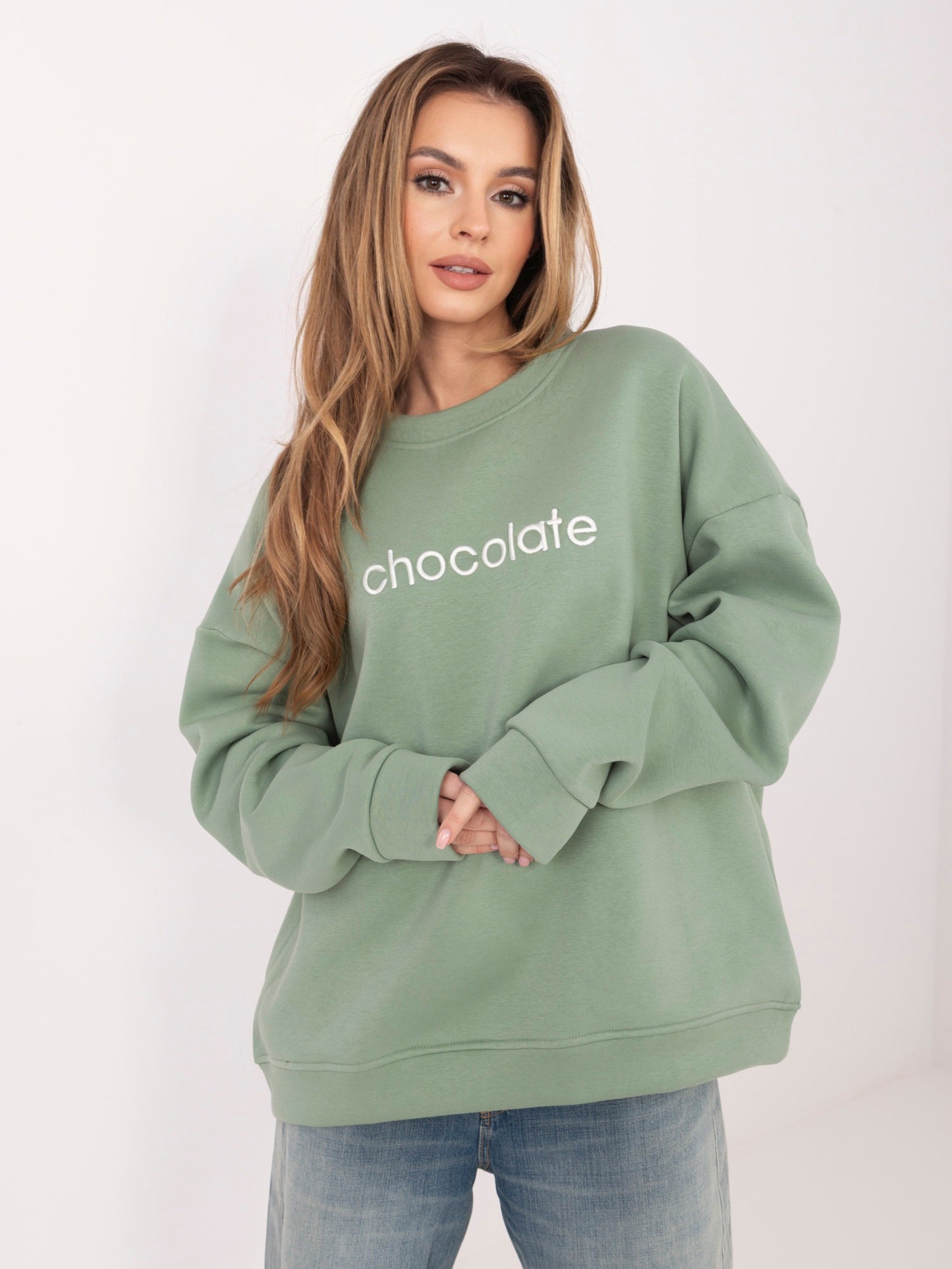 RUE PARIS Pistacjowa damska  bluza oversize bez kaptura