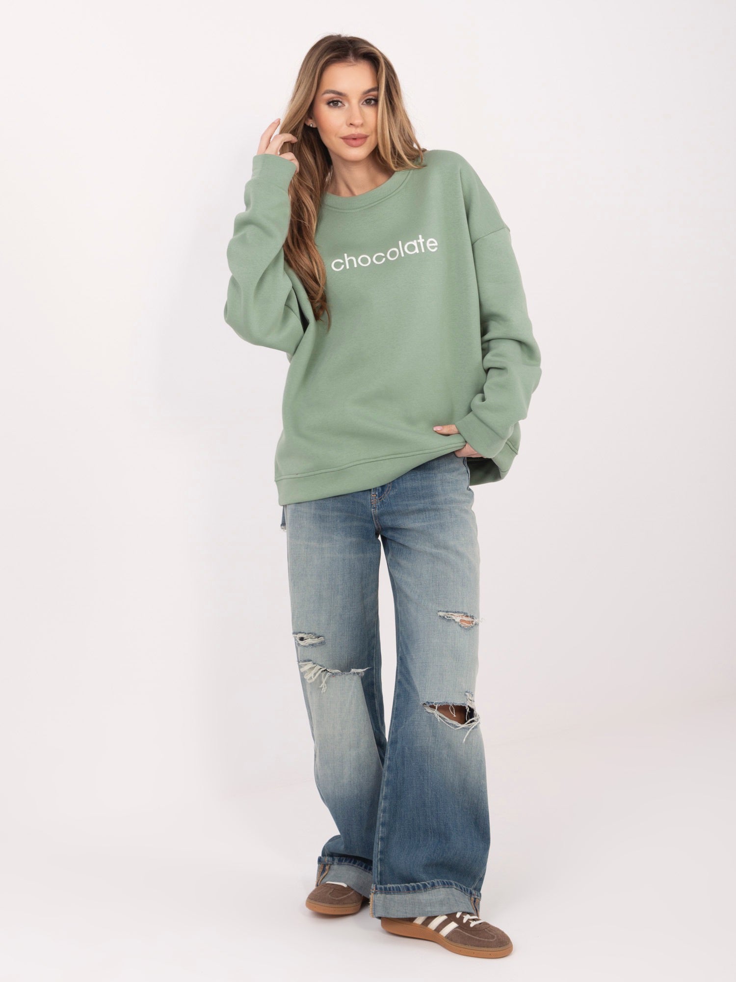 RUE PARIS Pistacjowa damska  bluza oversize bez kaptura