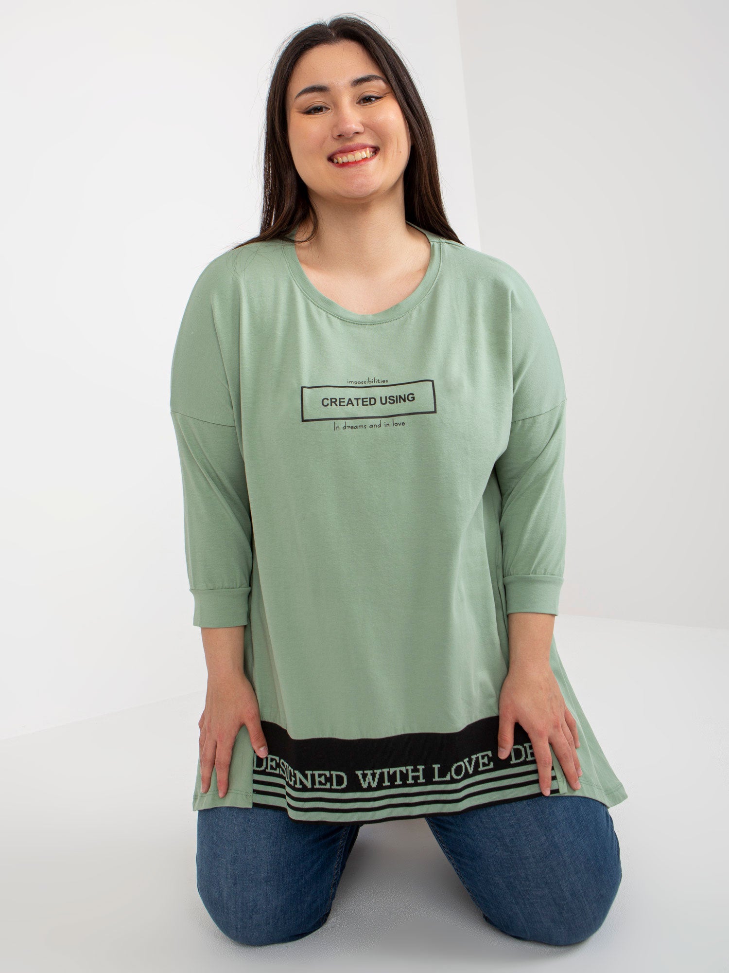 Pistacjowa asymetryczna tunika plus size z bawełny