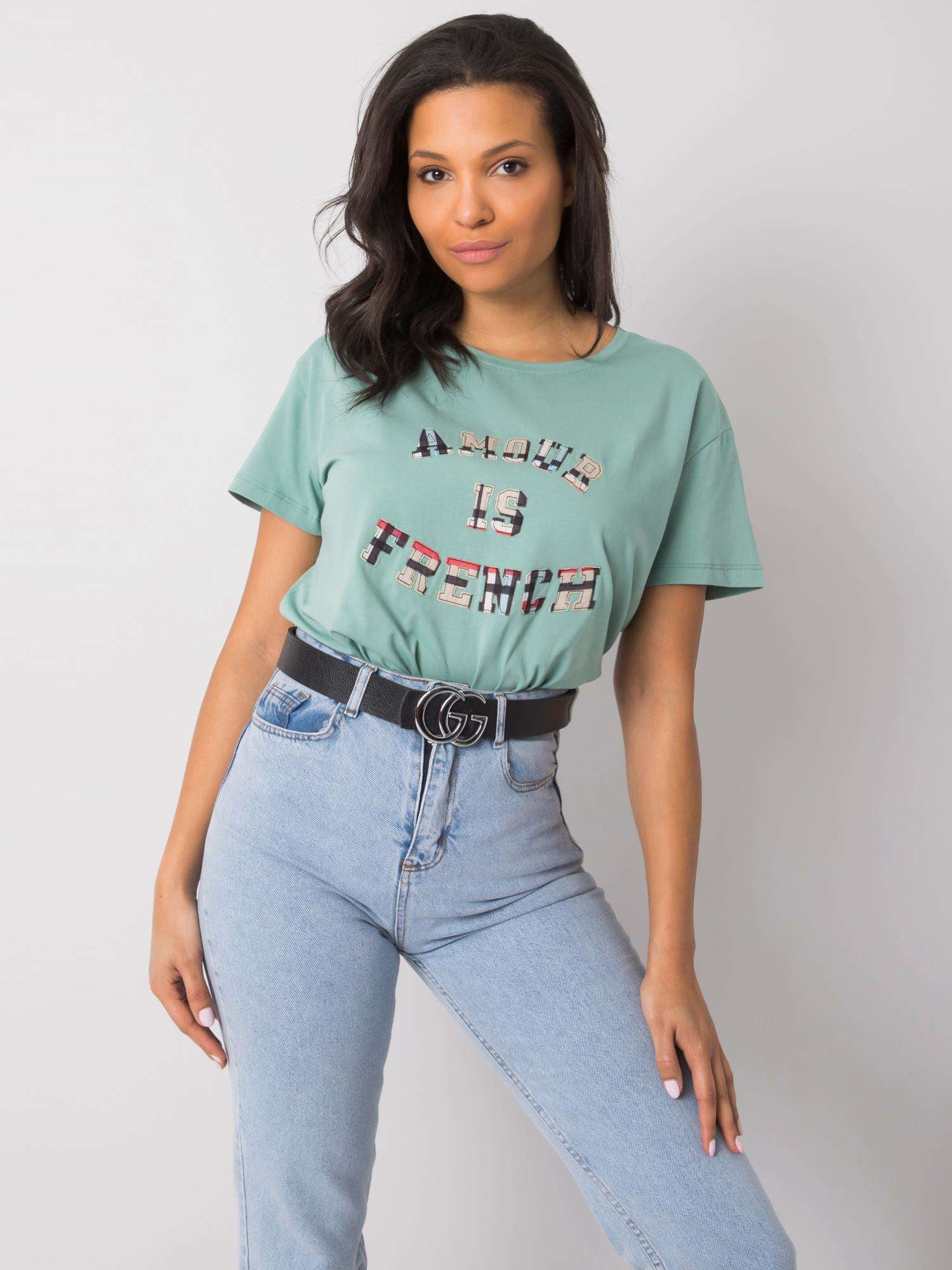 Pistacjowy t-shirt damski z napisem