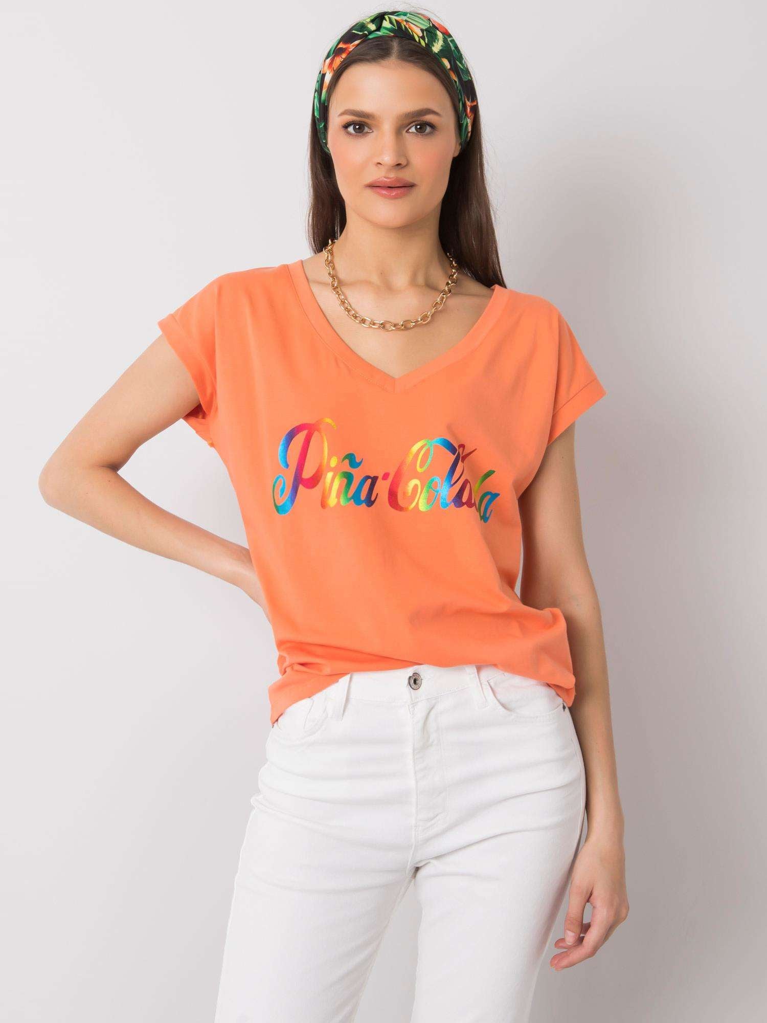 Pomarańczowy t-shirt z kolorowym nadrukiem