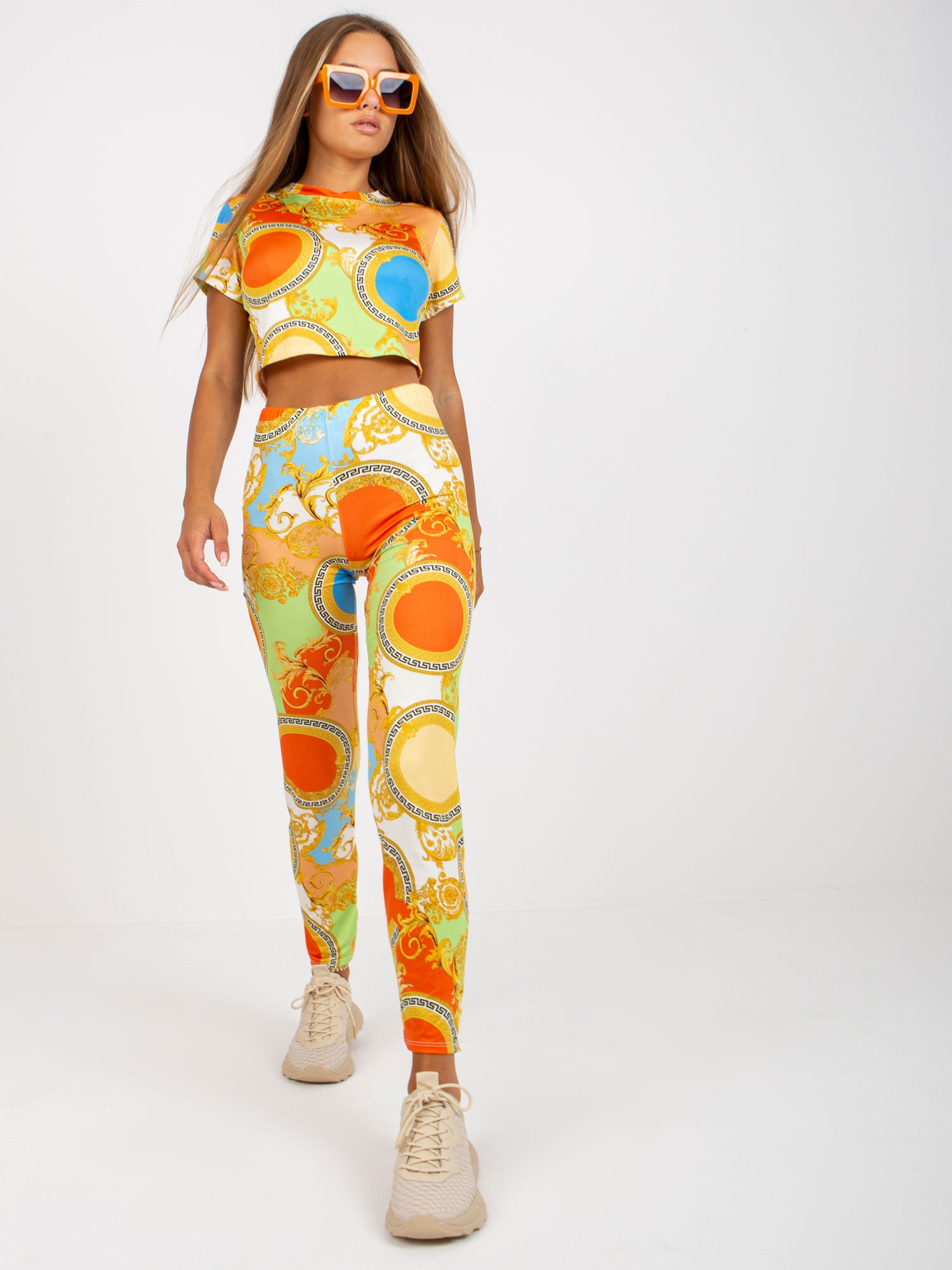 Pomarańczowy wzorzysty komplet casualowy z legginsami