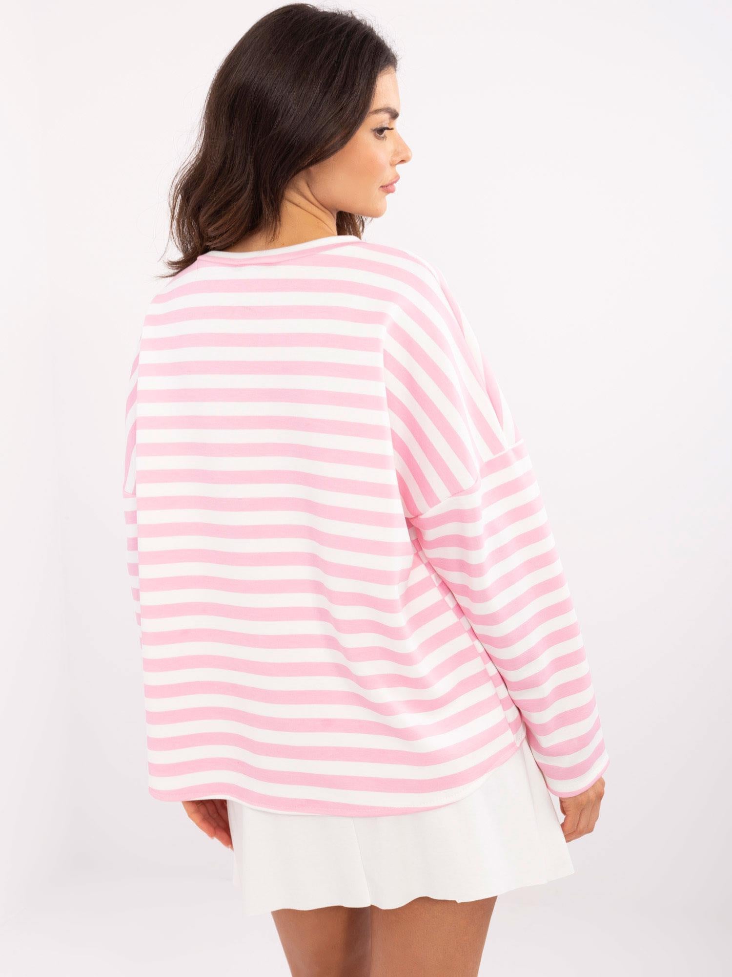 Różowo-biała bluza oversize z dekoltem w serek