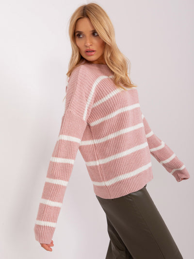 Różowo-biały sweter oversize w paski z domieszką wełny