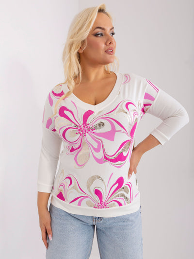 Różowo-ecru bluzka plus size z błyszczącym nadrukiem