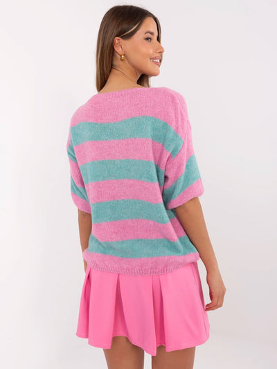 Różowo-miętowy damski sweter oversize w paski