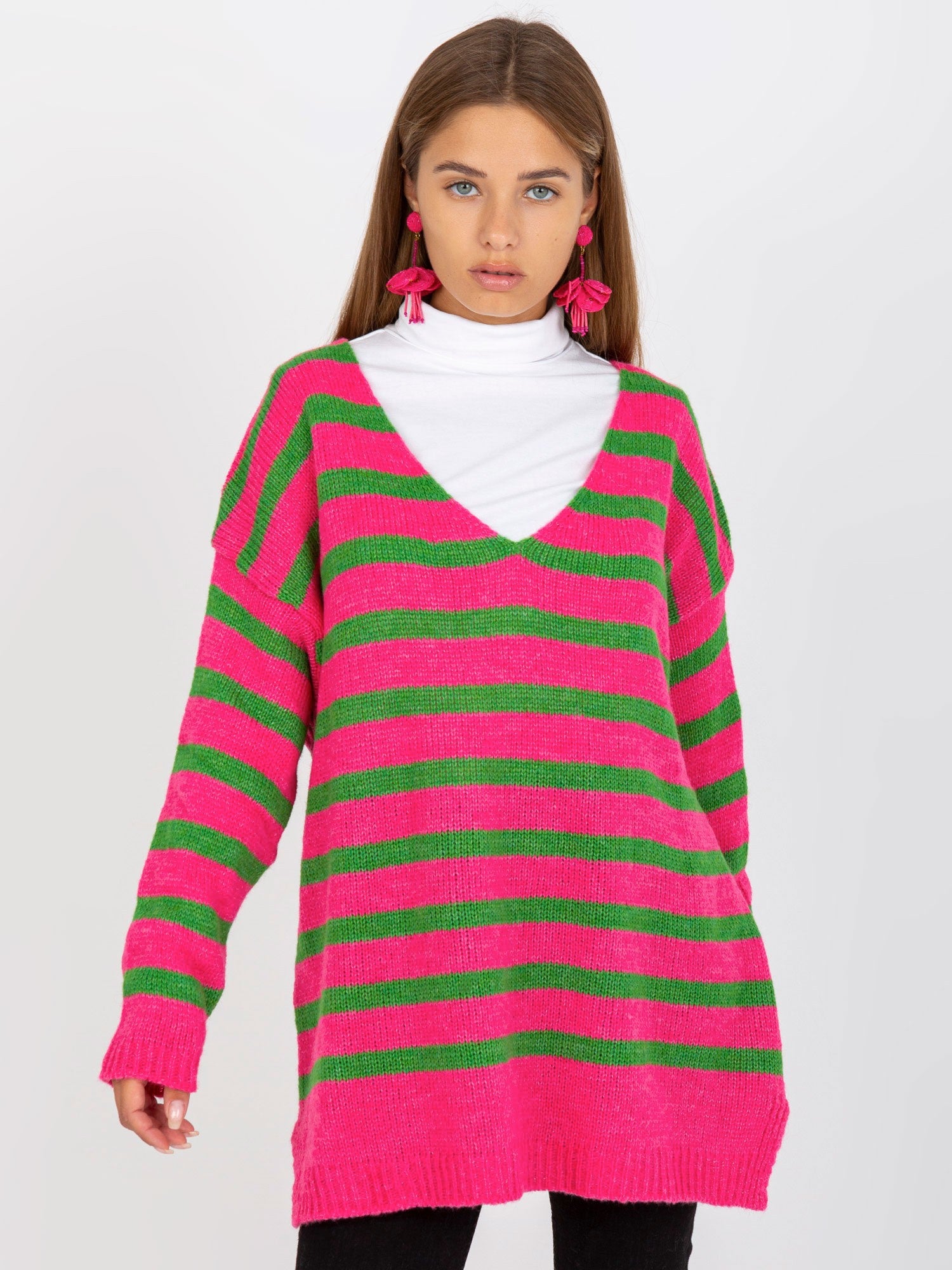 Różowo-zielony sweter oversize w paski OCH BELLA