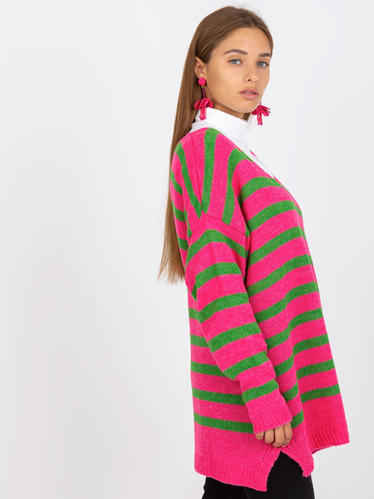 Różowo-zielony sweter oversize w paski OCH BELLA